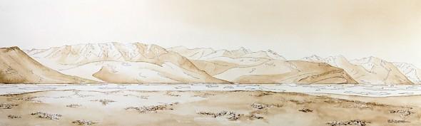 View to the Northwest, Sand Island, NE Greenland. 30" x 9" ink and walnut wash