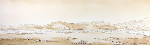 View to the North Northeast, Sand Island, NE Greenland. 30" x 9" ink and walnut wash