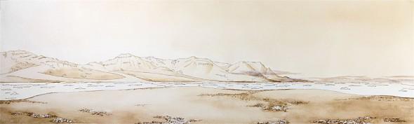 View to the East, Sand Island, NE Greenland. 30" x 9" ink and walnut wash