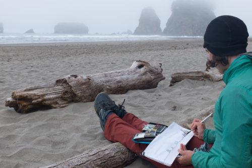 Sketching sea stacks, photo by Darin Reid