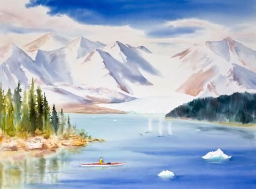 Kayaking Alaska, 44" x 32" Watercolor Commission