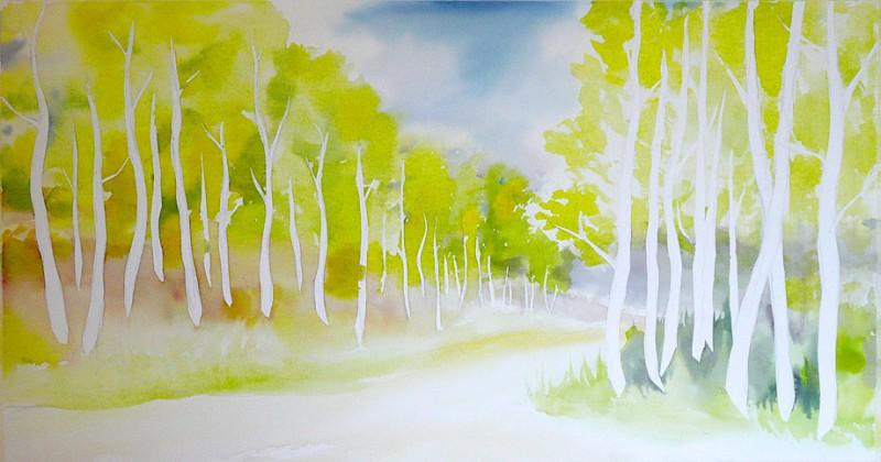 Initial paint applied over masked trees