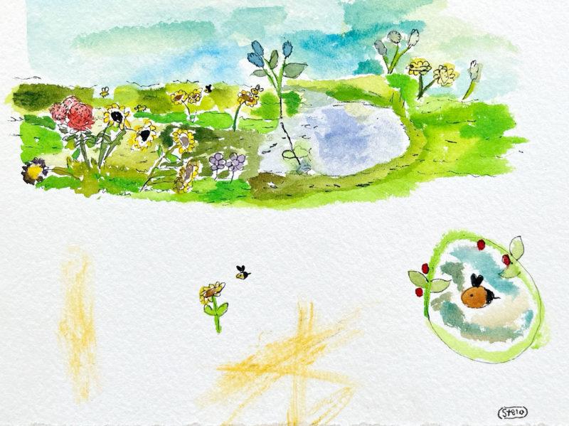 5.5″.x 7″ ink, watercolor, and flower sketch