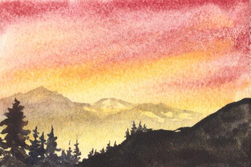 Sunset Study, 4.5″ x 3″ with Greenleaf & Blueberry watercolors