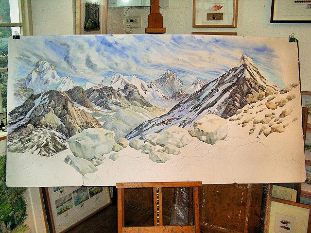 Unfinished Painting 6' x 3' : Everest from a high point above Gokyo (17,500') (© 2005 Tony Foster)