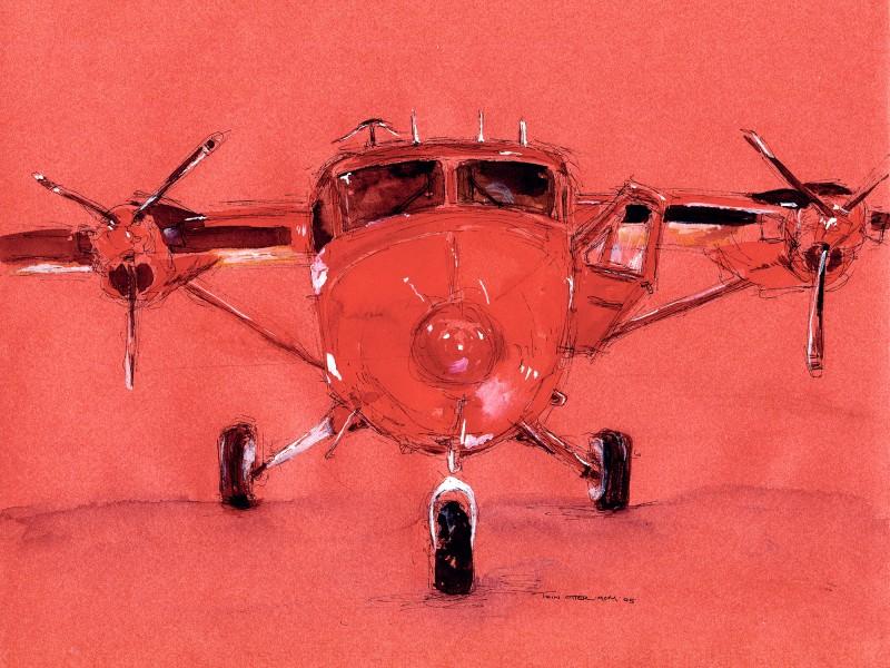 Twin Otter, 9&Prime; x 12&Prime; ink, watercolor, and gouache