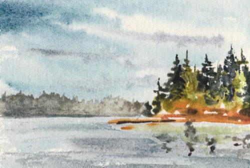 Salish Sea Study, 4.5″ x 3″ with Greenleaf & Blueberry watercolors
